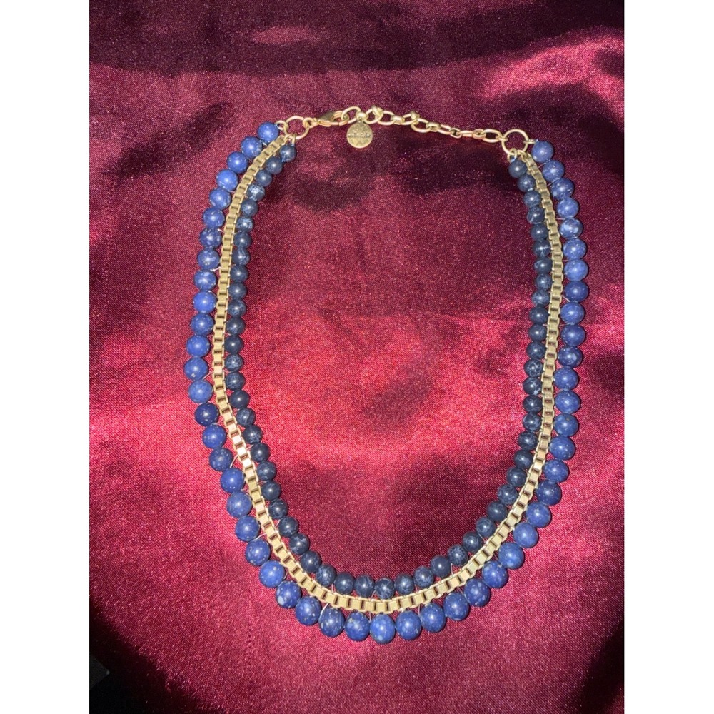 Stella & Dot Blue Beaded Multi Strand Necklace Gold Tone Layered Statement Lapis